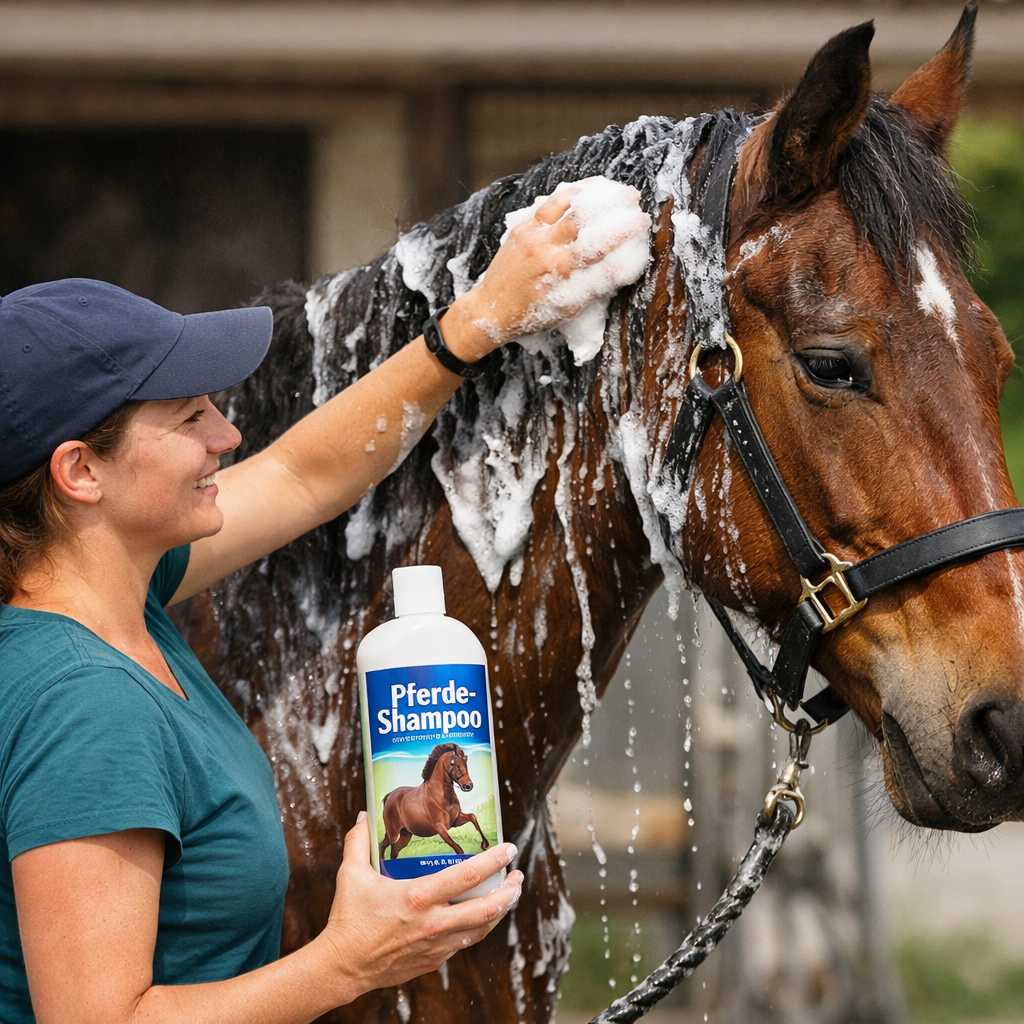 Frau wäscht ein Pferd mit Shampoo und schäumt das Fell ein