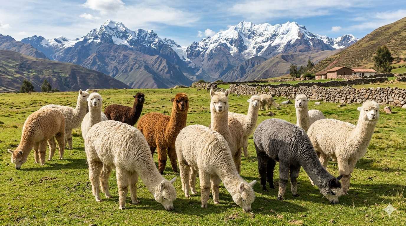 Mehrere Alpakas grasen auf einer grünen Wiese in den Anden mit schneebedeckten Bergen im Hintergrund