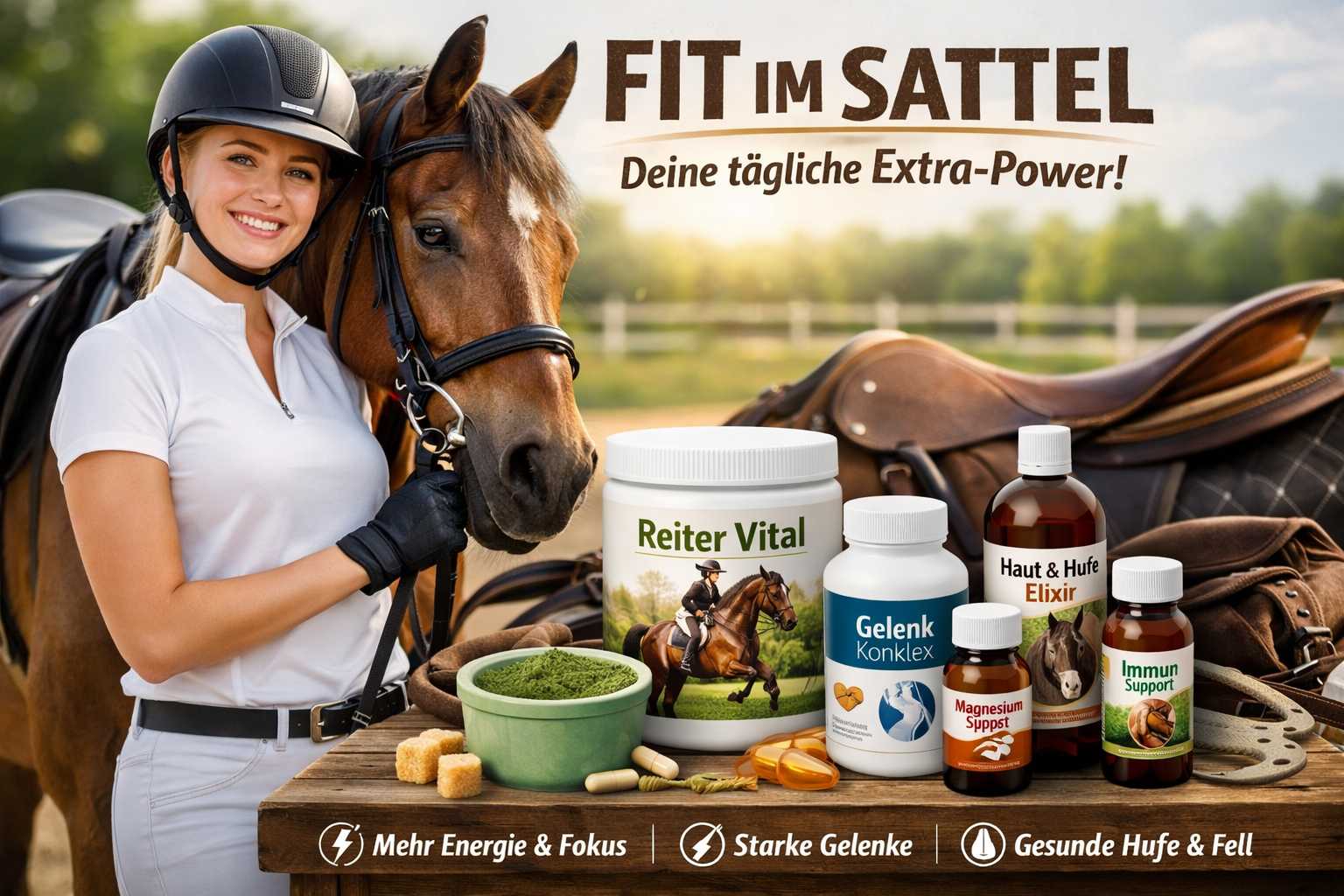 Reiterin mit Pferd neben Nahrungsergänzungsmitteln für Energie, Gelenke und Immunsystem im Reitsport