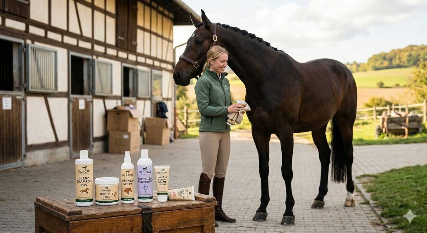 Reiterin pflegt ihr Pferd vor dem Stall, daneben stehen verschiedene Pflegeprodukte wie Shampoo und Hufpflege