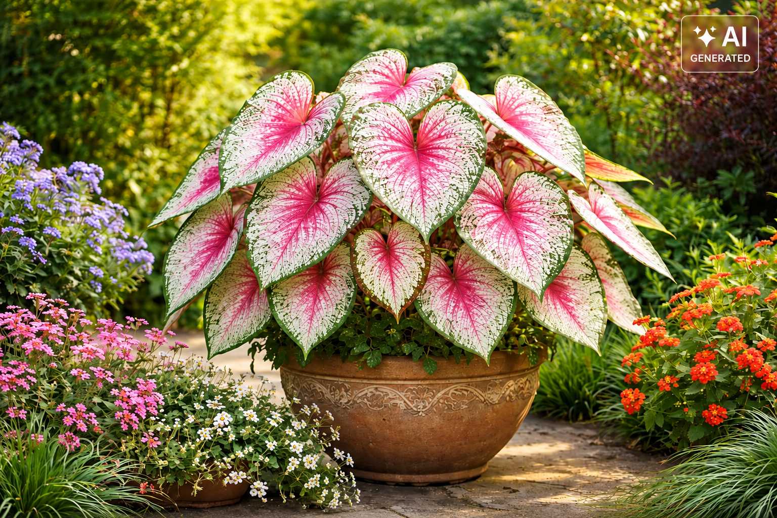 Dekorative Caladium-Pflanze mit rosa, weißen und grünen Blättern im Garten