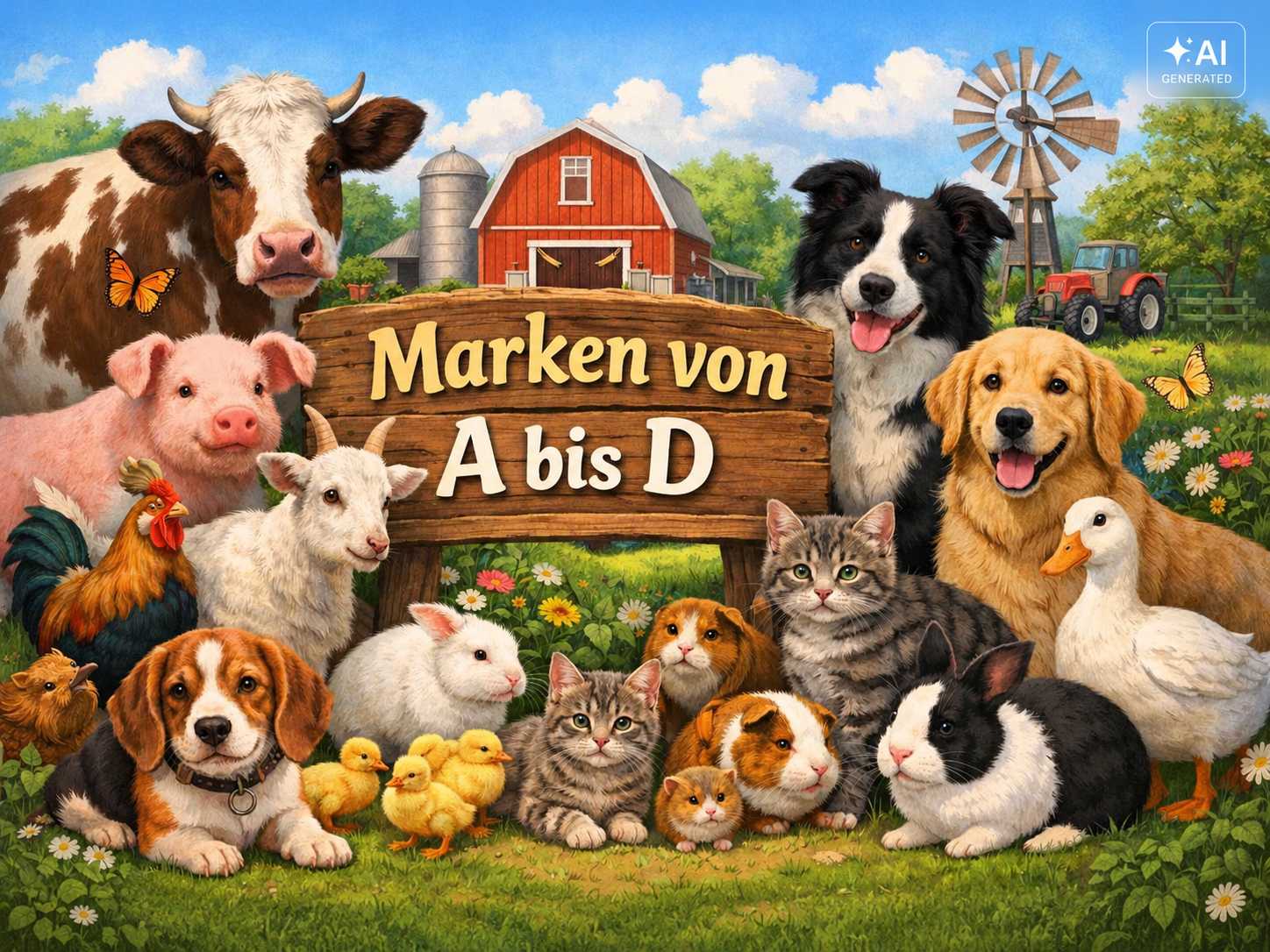 Illustrierte Bauernhofszene mit Kuh, Schwein, Schaf, Hunden, Katzen, Kaninchen, Meerschweinchen und Geflügel. In der Mitte steht ein Holzschild mit der Aufschrift „Marken von A bis D“.