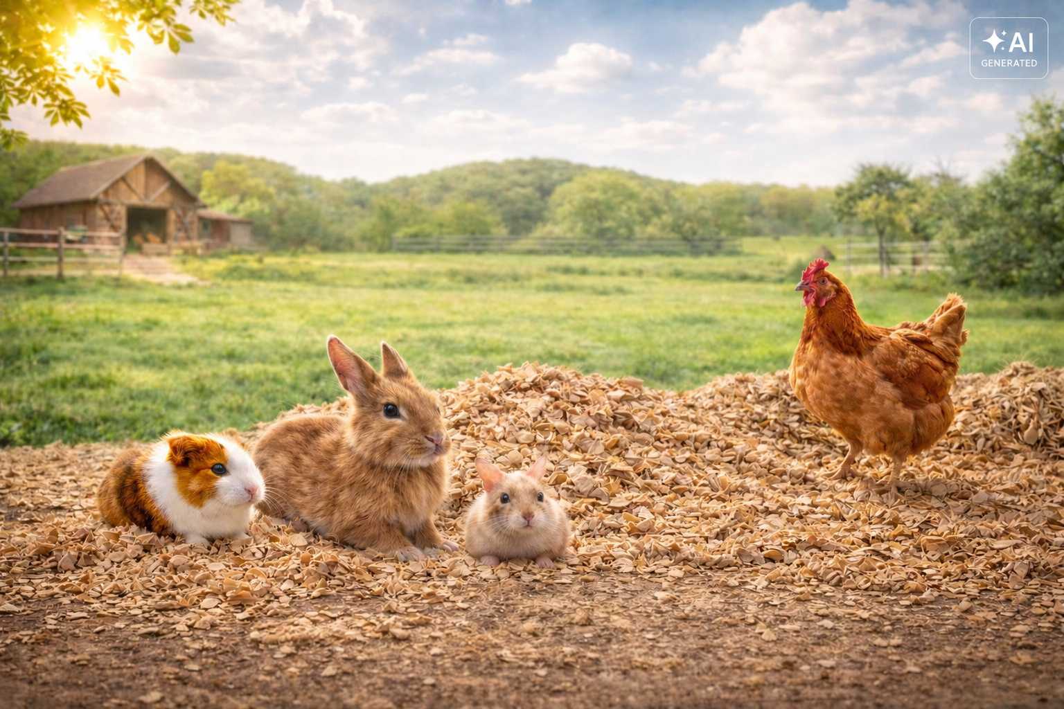 Ein hellbraunes Kaninchen, zwei Meerschweinchen und ein braunes Huhn sitzen auf einer Fläche mit Holzspänen. Im Hintergrund sind eine grüne Wiese, Bäume und ein Bauernhofgebäude zu sehen.
