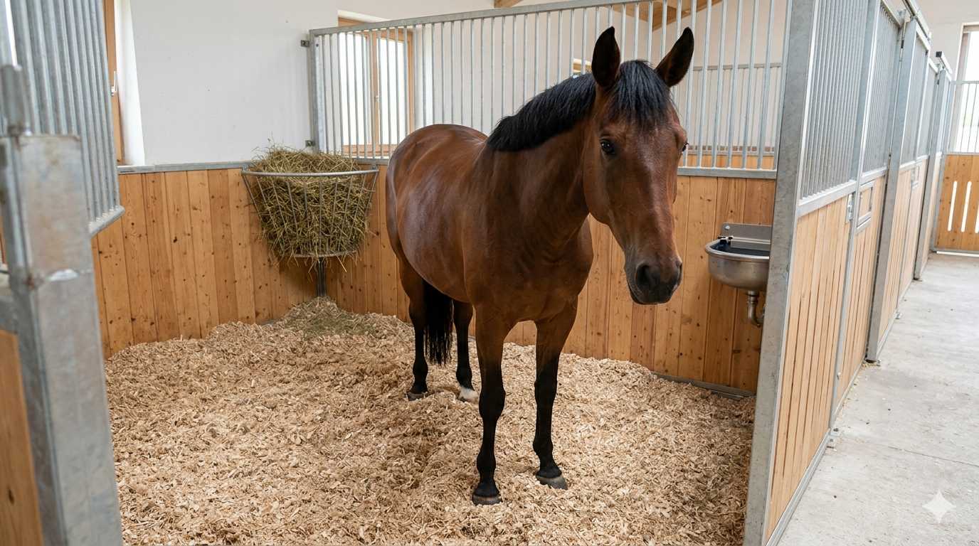 Braunes Pferd steht in einer sauberen Stallbox mit Einstreu und Heunetz