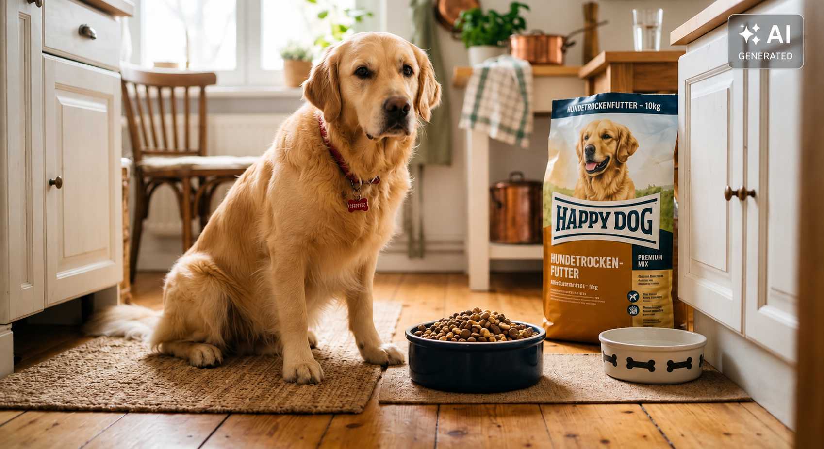 Golden Retriever sitzt neben einem Futternapf und einer Packung Hundefutter in der Küche