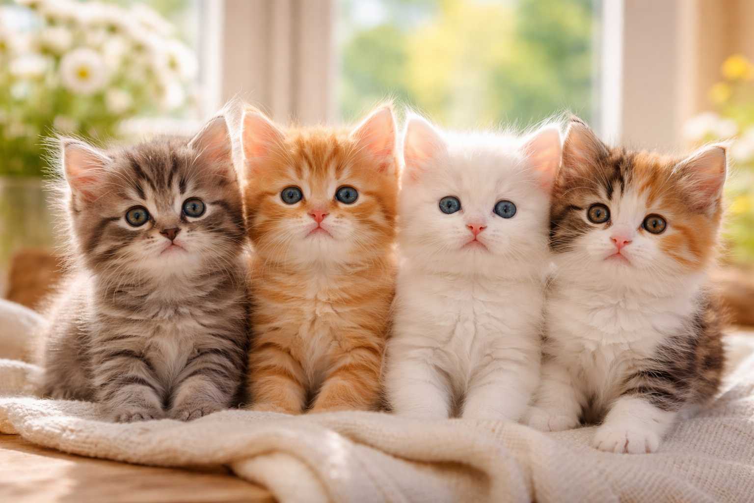 Vier kleine Kätzchen verschiedener Farben sitzen zusammen auf einer Decke
