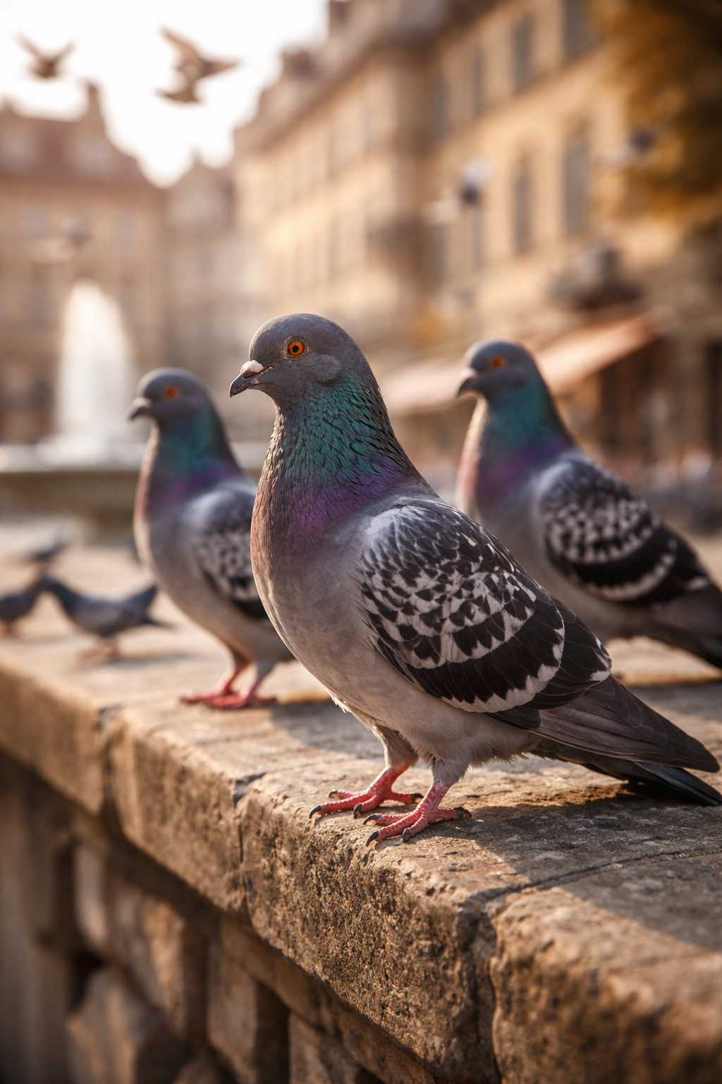 Mehrere Tauben sitzen auf einer Steinmauer vor unscharfem Hintergrund einer Stadt mit Brunnen und Gebäuden