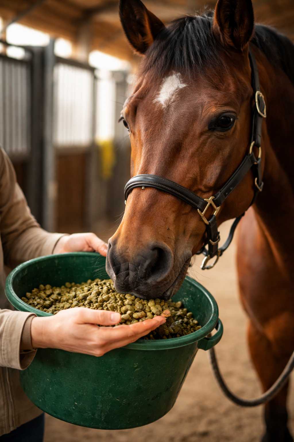 Braunes Pferd mit Halfter frisst Kraftfutter aus der Hand, gehalten über einem grünen Eimer im Stall