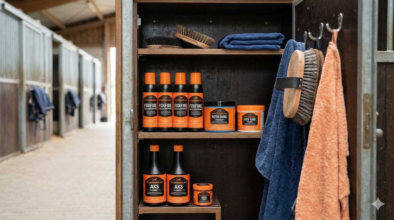 Offener Stallschrank mit Pharmakas Pflegeprodukten, Bürsten und Handtüchern für die Pferdepflege.