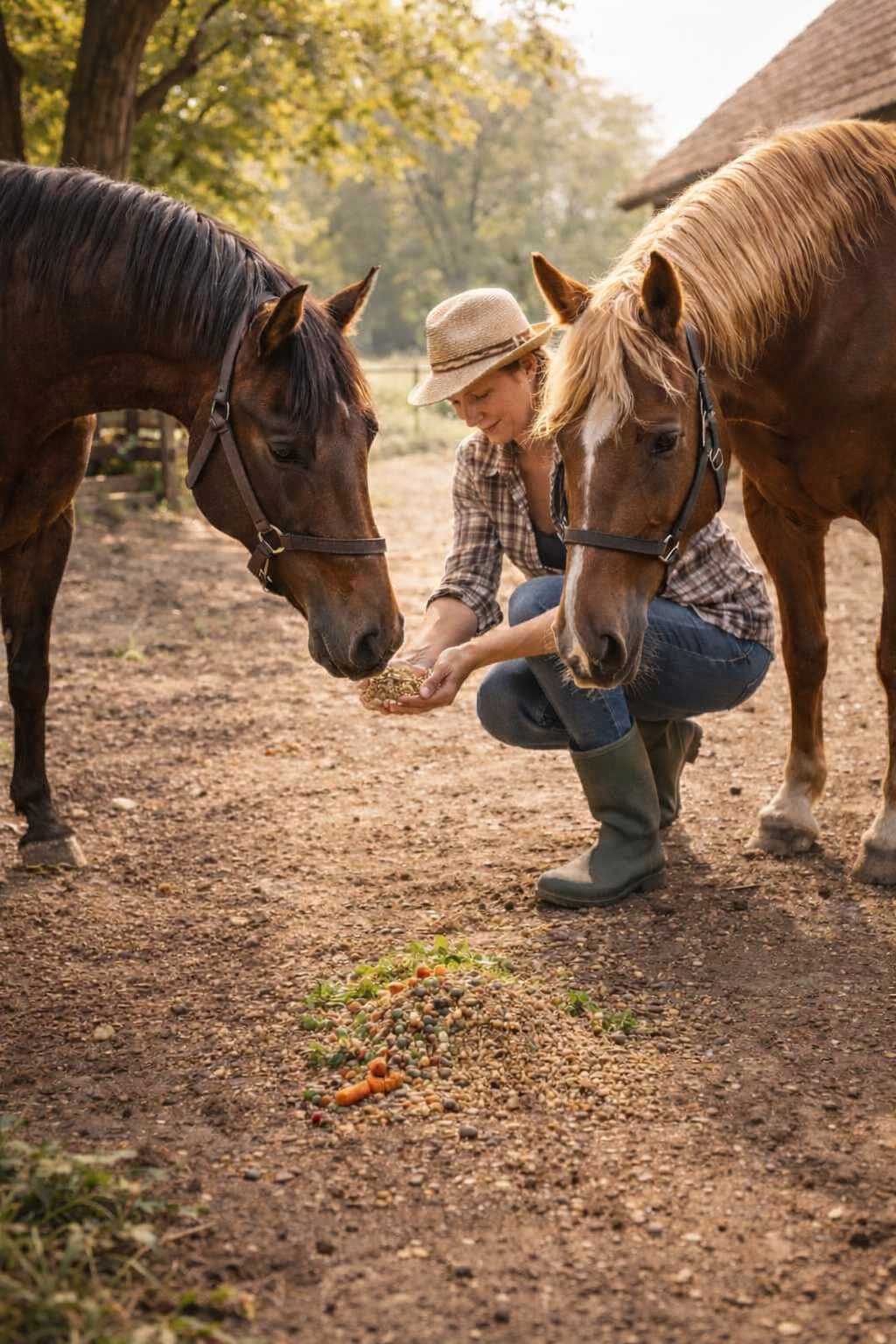 Frau füttert zwei Pferde mit Körnerfutter auf einem Bauernhof im Freien