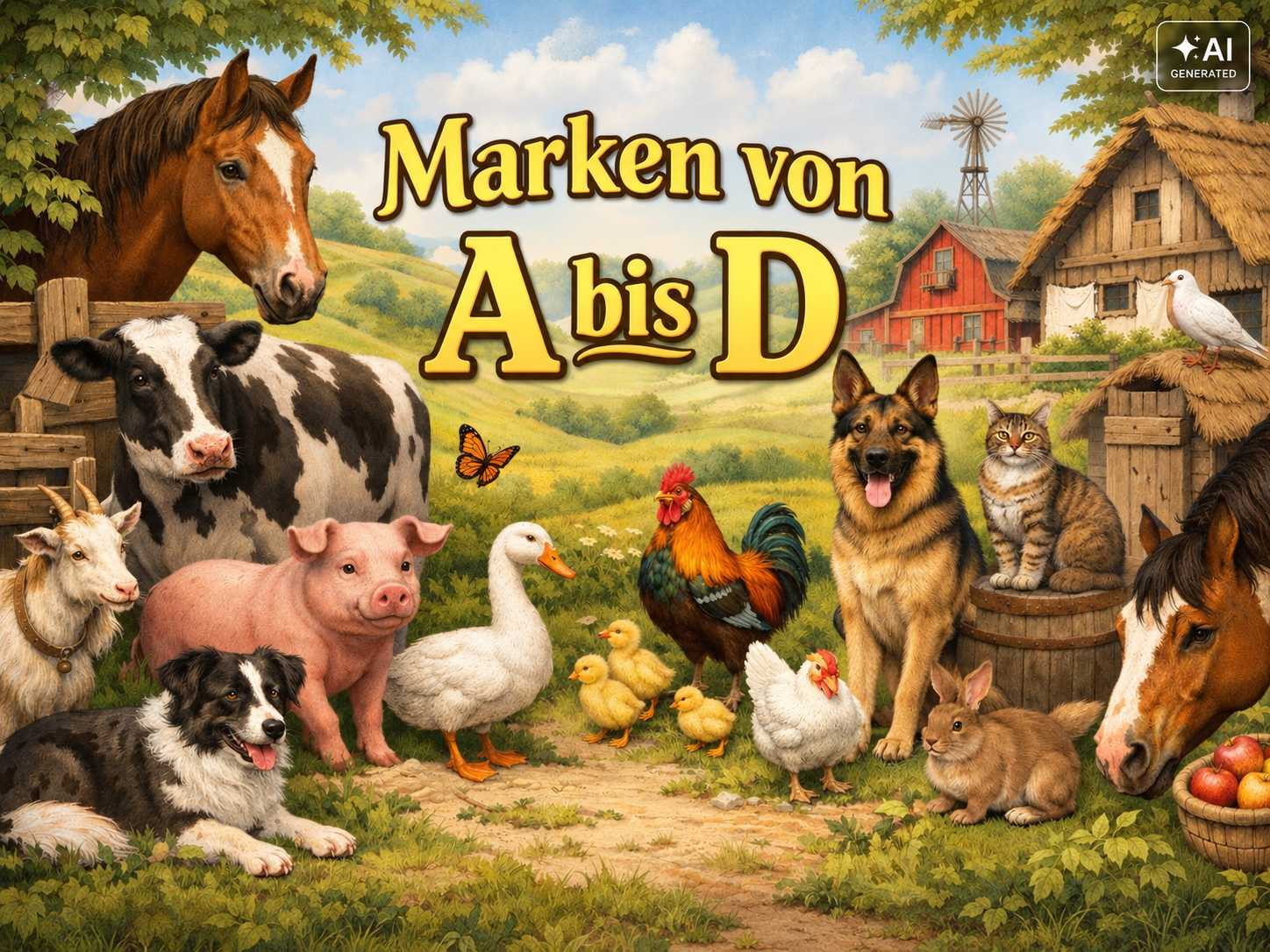Illustrierte Bauernhofszene mit Pferden, Kuh, Schwein, Schaf, Hund, Katze, Geflügel und Kleintieren. In der Mitte steht der Schriftzug „Marken von A bis D“.
