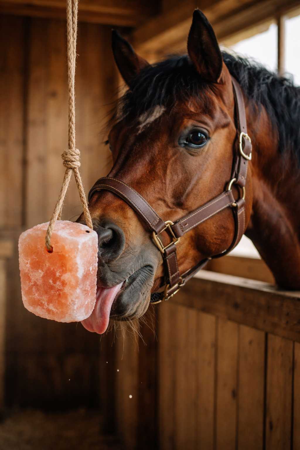 Pferd im Stall leckt an einem rosa Himalaya-Salzleckstein zur natürlichen Mineralstoffaufnahme