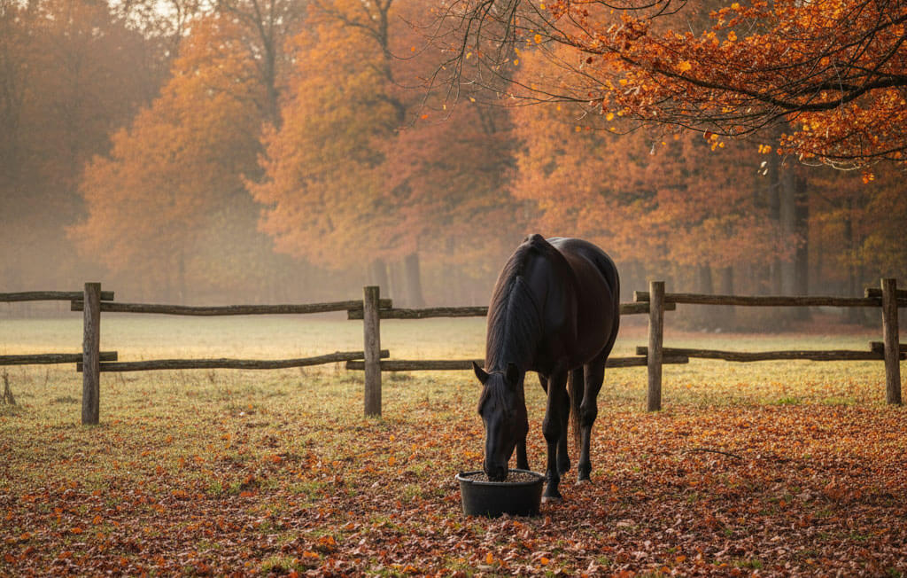 Pferd isst Heucobs aus dem Eimer