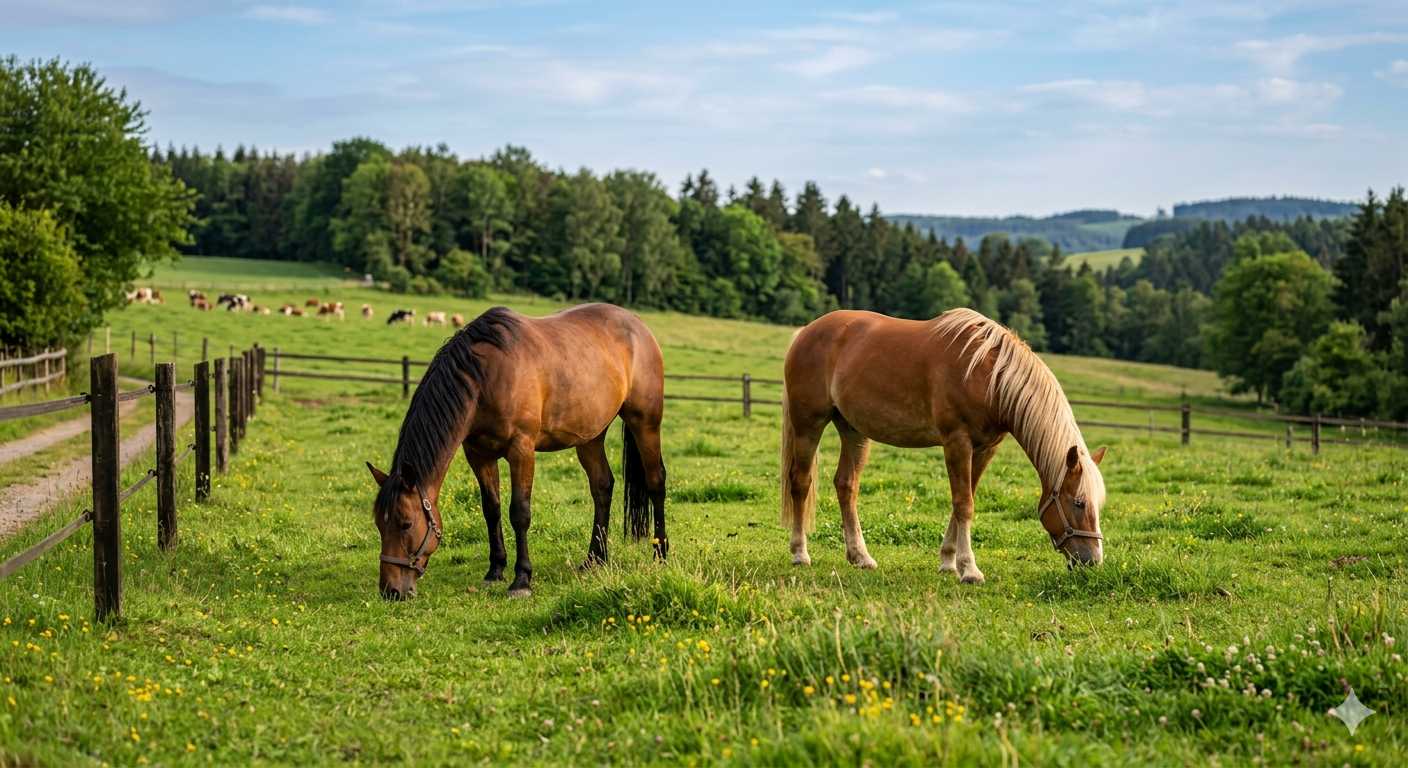 Zwei Pferde stehen auf einer grünen Weide und grasen, umgeben von Natur, Zäunen und einer ländlichen Landschaft