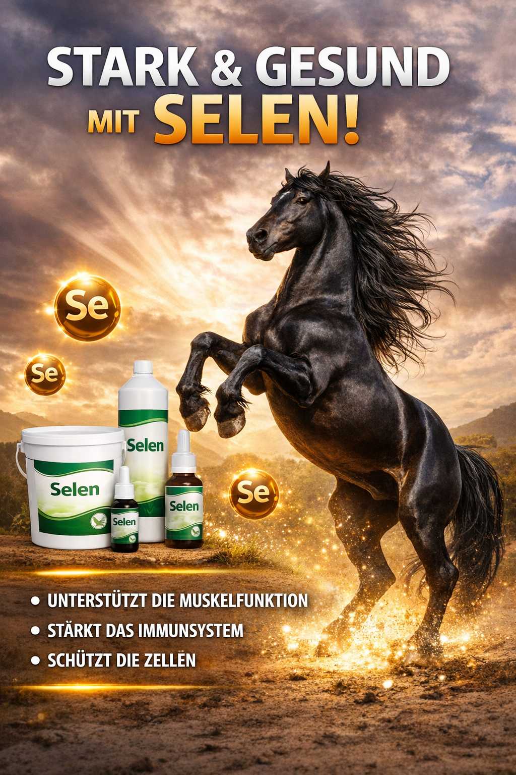 Aufgerichtetes schwarzes Pferd mit Selen-Produkten und Symbolen für Spurenelemente zur Unterstützung von Muskelfunktion und Immunsystem