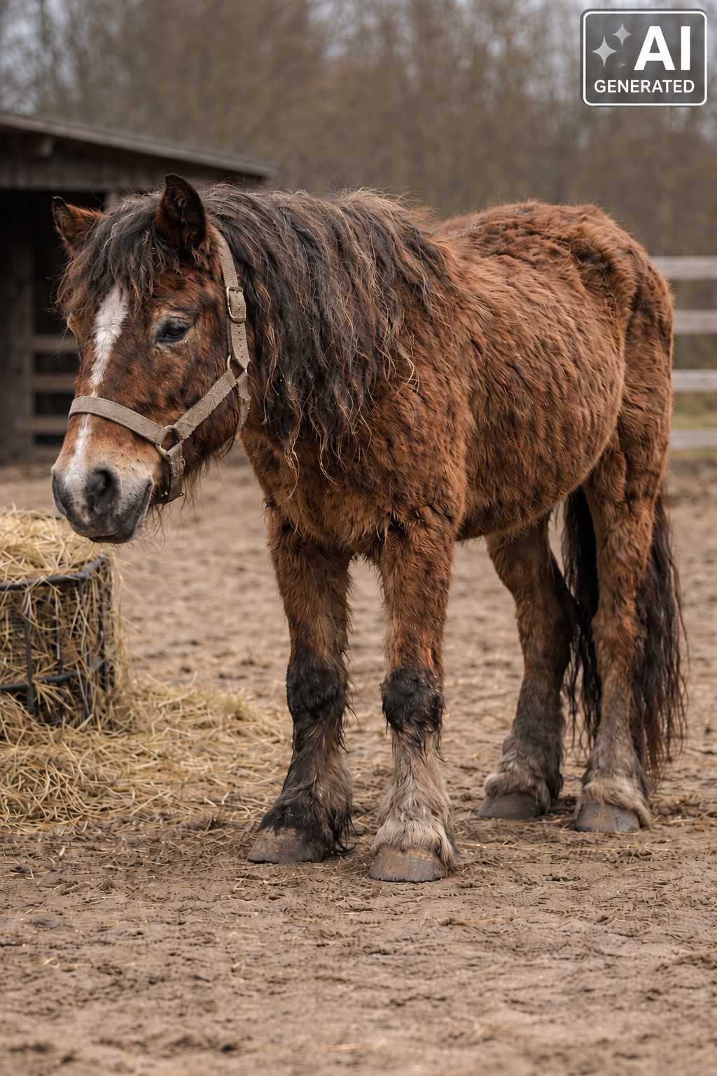 Braunes Pony mit dichtem Fell steht auf einem befestigten Auslauf