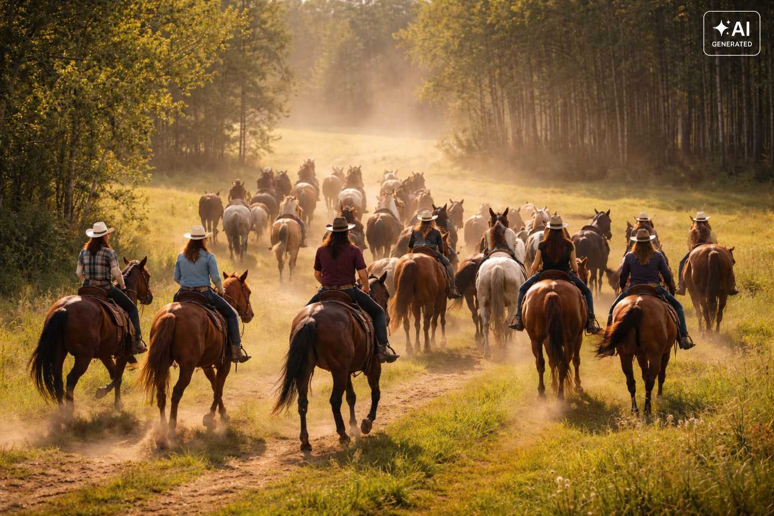 Mehrere Reiter begleiten eine große Herde brauner, schwarzer und weißer Pferde über einen staubigen Waldweg. Die Szene zeigt eine weitläufige Wiesenlandschaft im warmen Sonnenlicht.