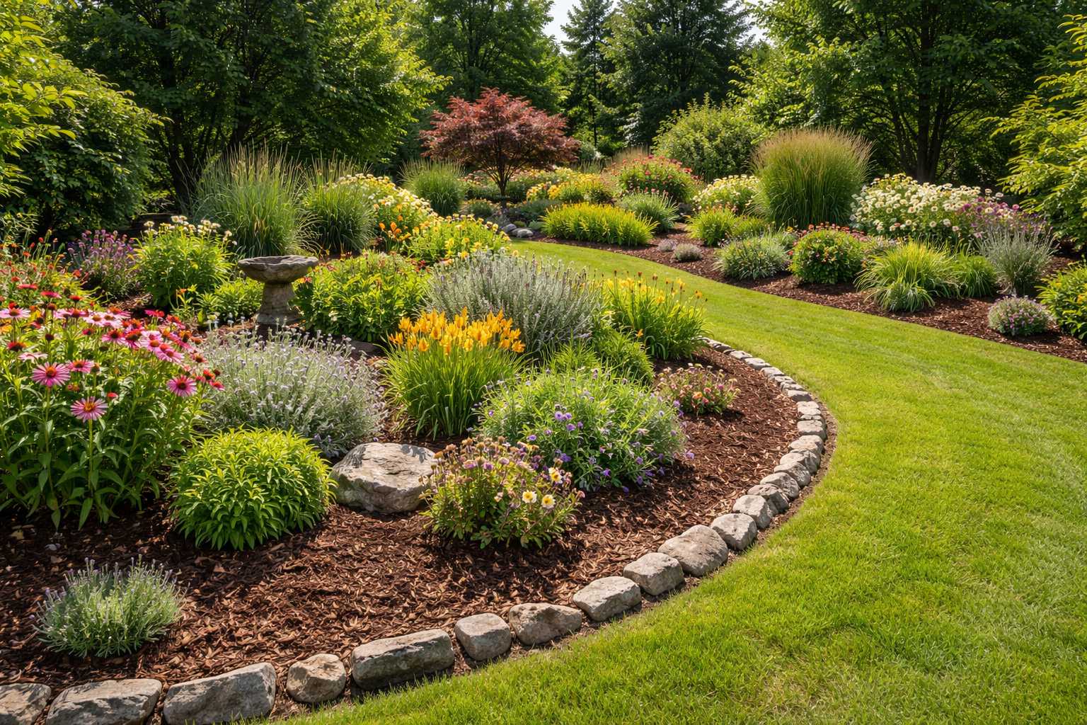 Farbenfrohes Staudenbeet mit verschiedenen Blumen, Ziergräsern und Steineinfassung in einem gepflegten Garten