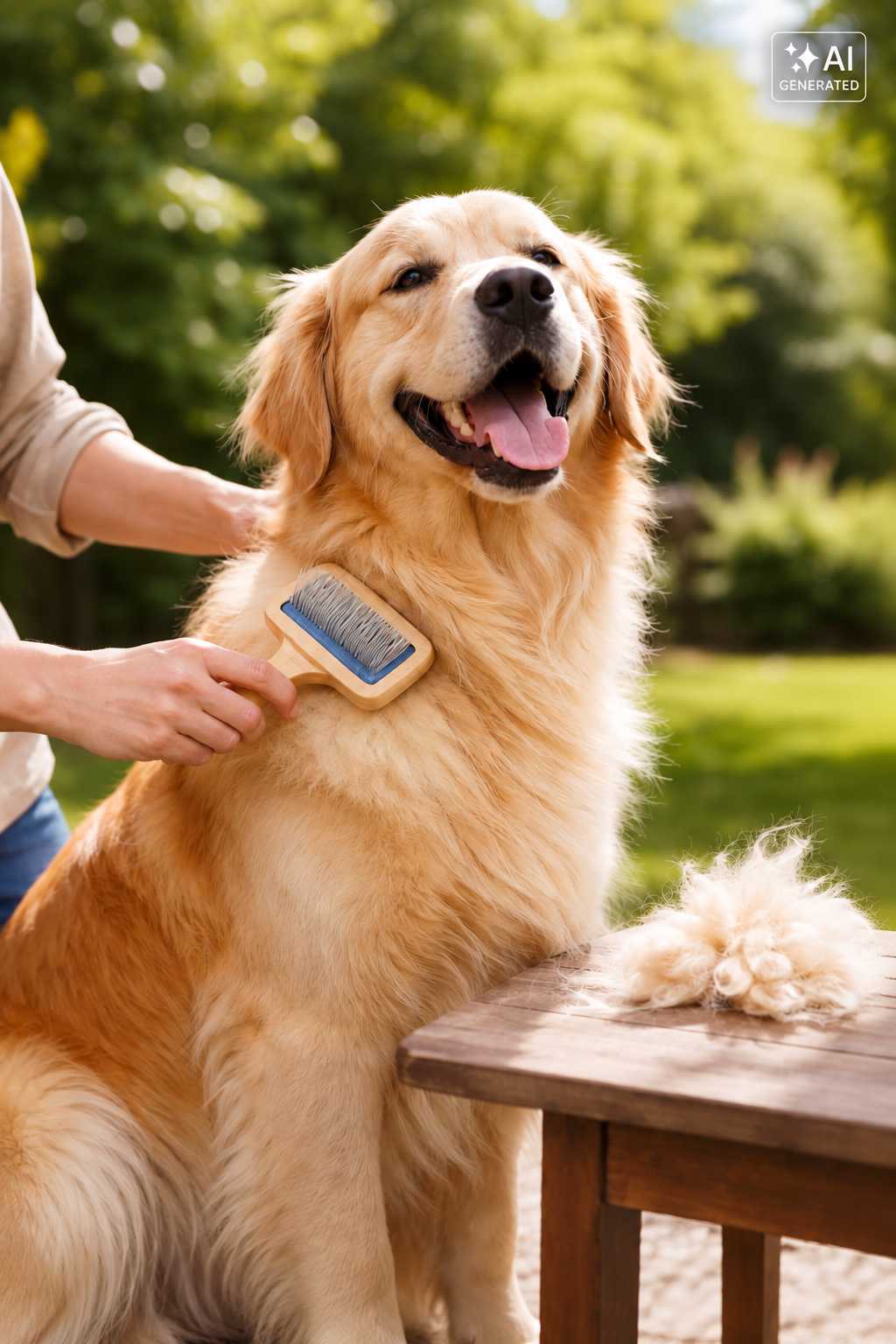 Golden Retriever wird im Freien mit einer Bürste gepflegt