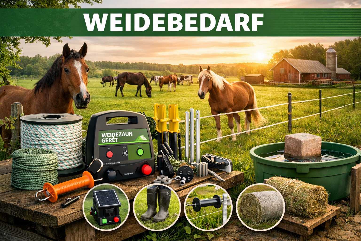 Verschiedene Produkte für Pferdeweiden wie Weidezaungerät, Pfähle, Seile und Zubehör vor einer Pferdeweide
