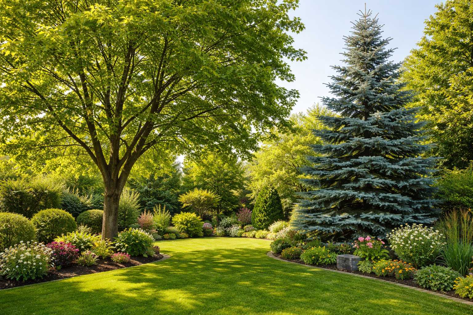 Gepflegter Garten mit großem Laubbaum, Nadelbaum, grünem Rasen und blühenden Zierbeeten