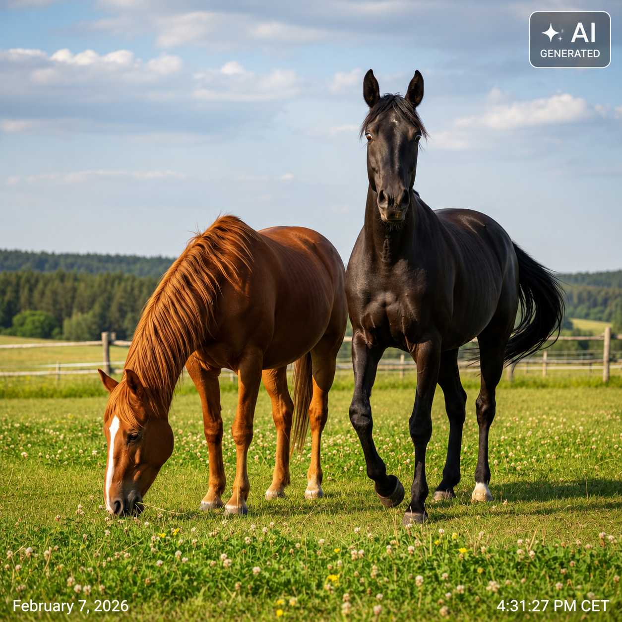 Braunes und schwarzes Pferd stehen gemeinsam auf einer grünen Weide