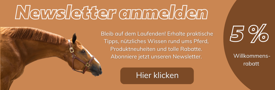 Newsletter-Anmeldung bei Pferdefuttershop mit 5 Prozent Willkommensrabatt und Pferdemotiv