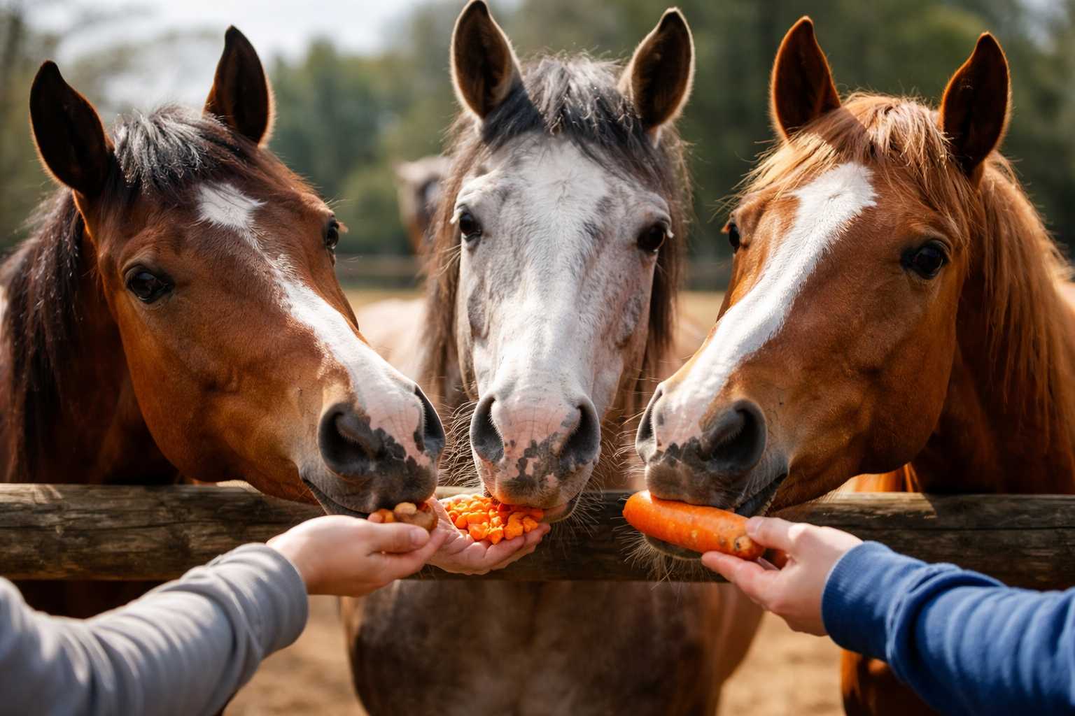 Drei Pferde fressen Möhren und Futter aus den Händen von Menschen über einen Holzzaun hinweg auf einem Reiterhof