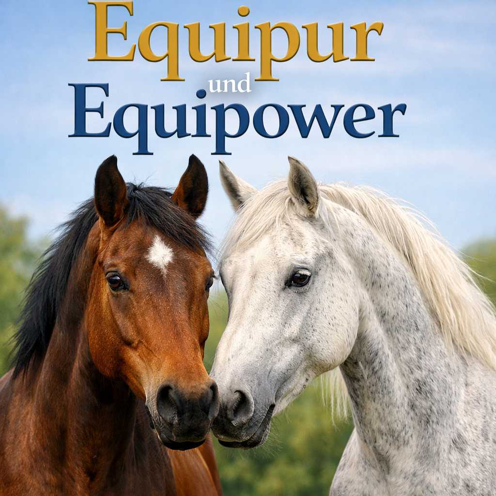 Zwei Pferde nebeneinander mit dem Schriftzug Equipur und Equipower im Hintergrund