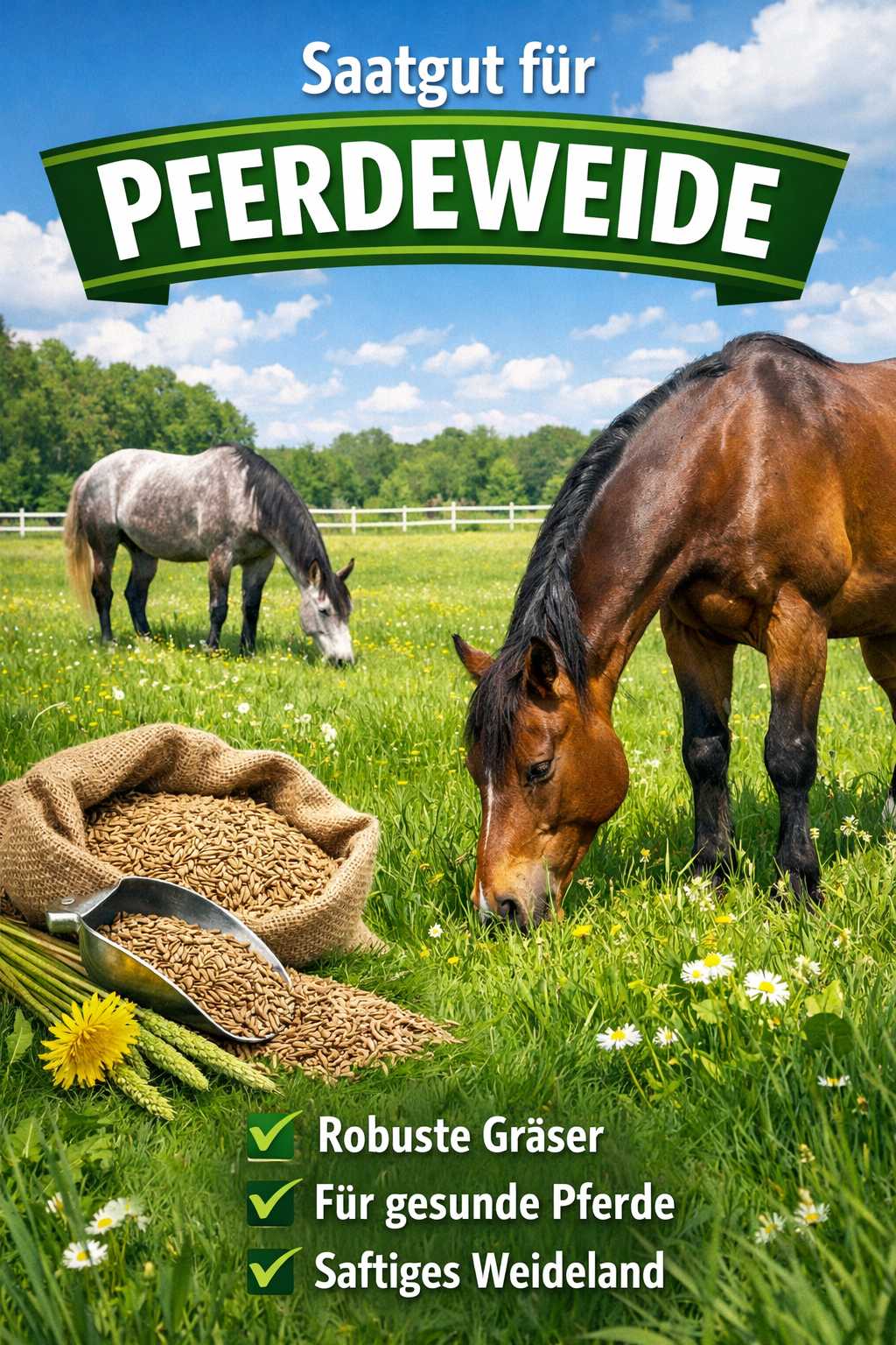 Pferde grasen auf einer grünen Weide neben einem Sack mit Saatgut für Pferdeweiden