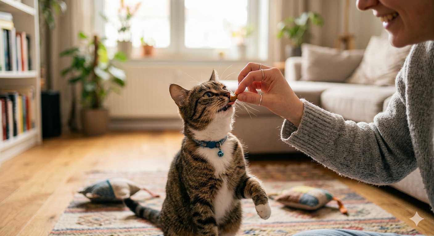 Frau gibt ihrer Katze ein Leckerli während sie im Wohnzimmer trainiert oder belohnt wird