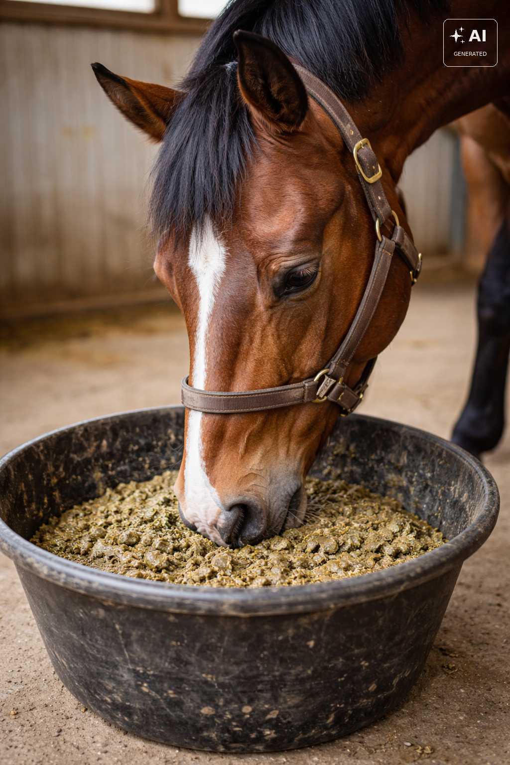 Braunes Pferd mit weißer Blesse frisst Raufutter aus einem großen schwarzen Futtertrog in einer Stallbox.