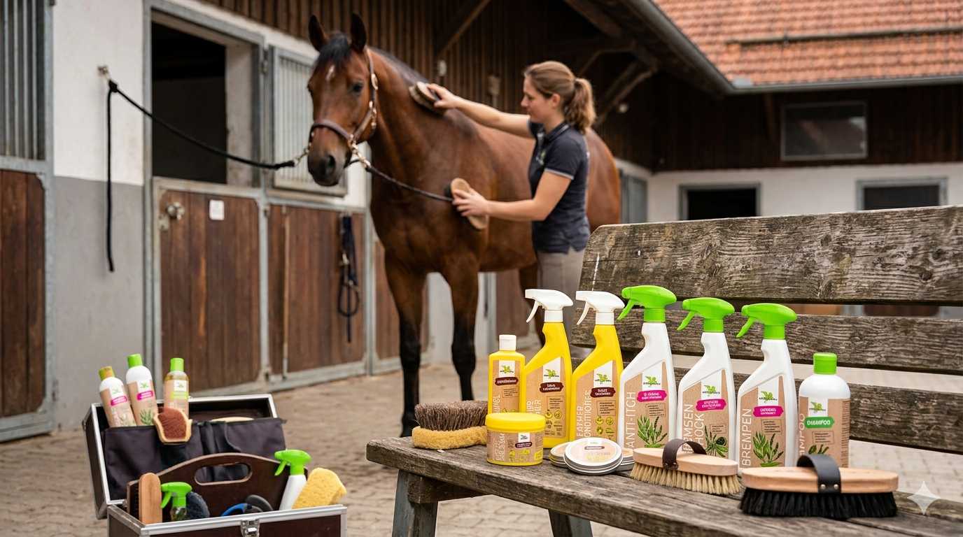 Frau pflegt ein Pferd im Stall mit Bürste, im Vordergrund verschiedene Pferdepflegeprodukte und Zubehör