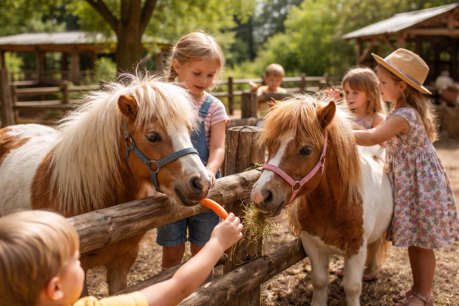 Kinder füttern zwei Ponys mit Karotten an einem Holzzaun in einem sonnigen Streichelzoo