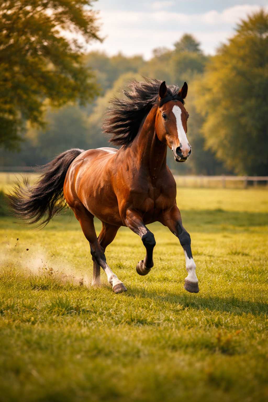 Braunes Pferd galoppiert frei über eine grüne Wiese mit wehender Mähne