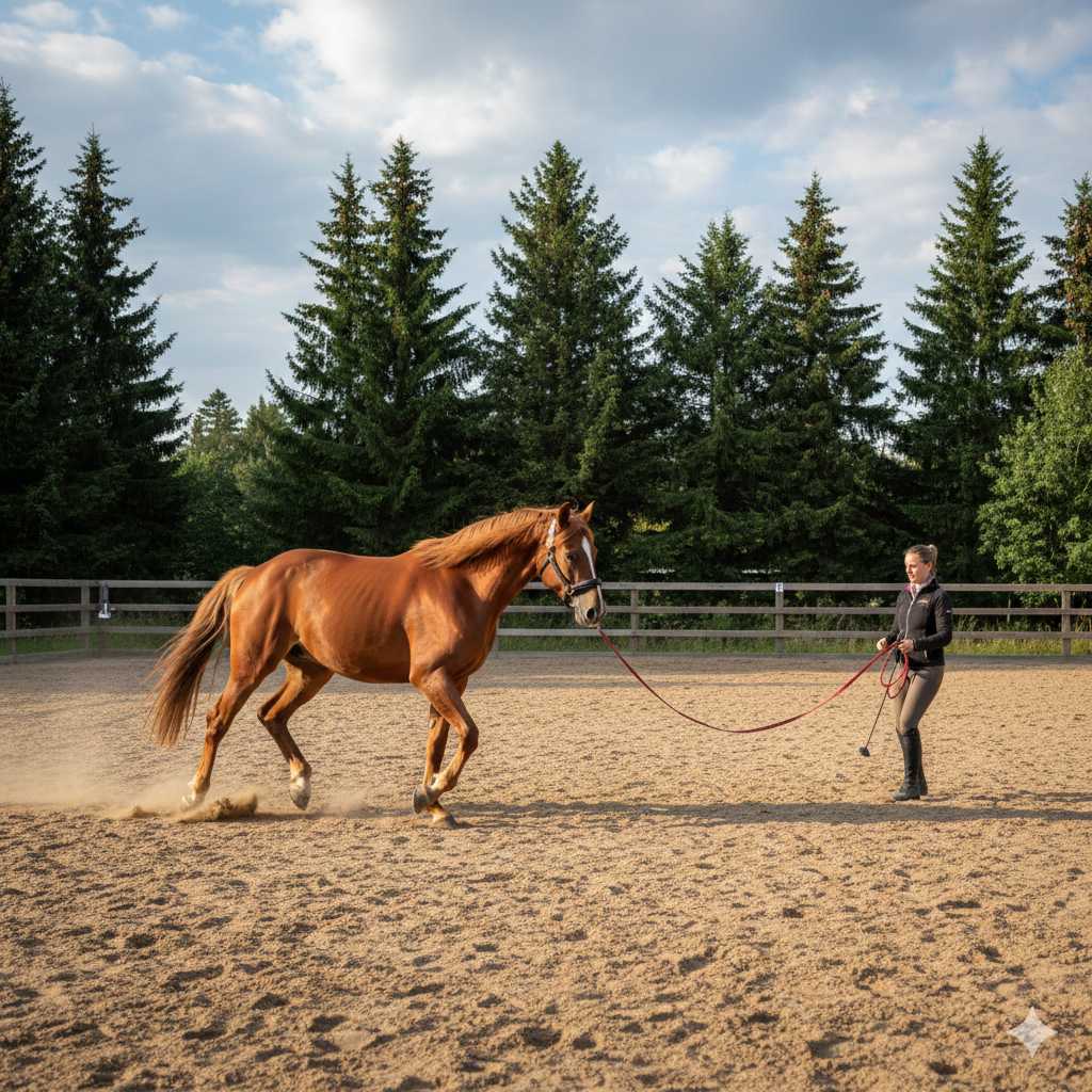 Eine Frau trainiert ein braunes Pferd an der Longe auf einem Sandplatz, im Hintergrund sind ein Holzzaun und hohe Tannen zu sehen.