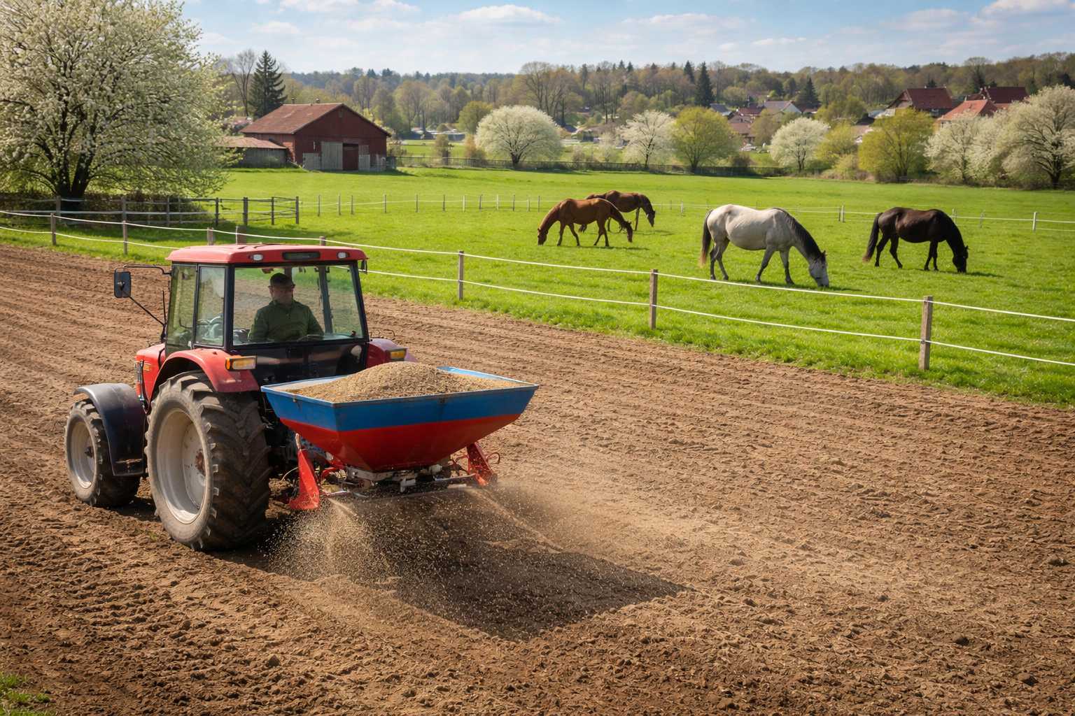 Traktor streut Dünger auf ein Feld neben einer grünen Pferdeweide mit mehreren grasenden Pferden im Frühling