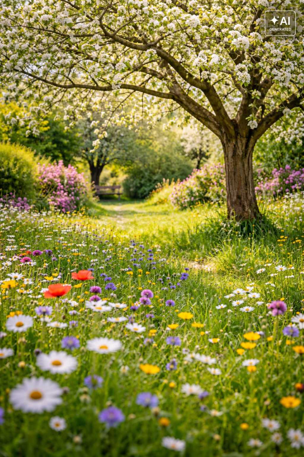 Artenreiche Blumenwiese unter einem blühenden Obstbaum