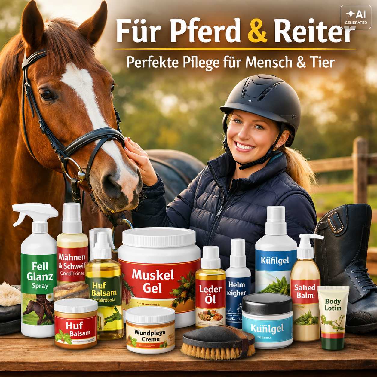 Pferd mit Reiterin und verschiedenen Pflegeprodukten für Fell, Hufe, Leder, Reitstiefel und Körper.