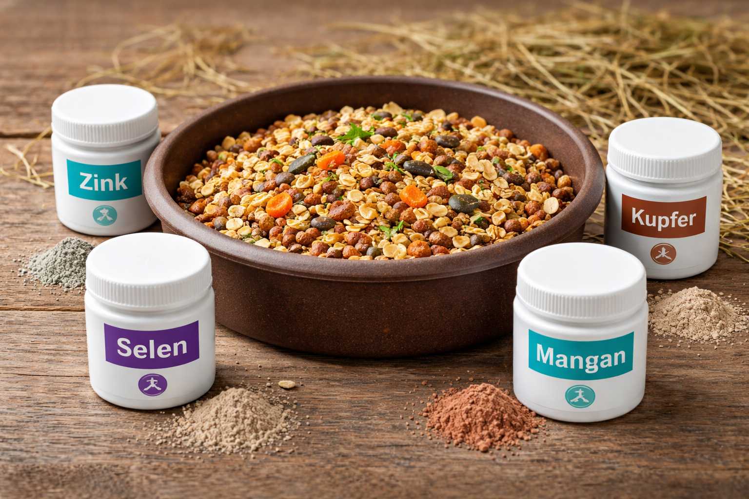Schüssel mit Pferdefutter und Mineralstoff-Ergänzungen wie Zink, Selen, Kupfer und Mangan zur Unterstützung der Pferdegesundheit
