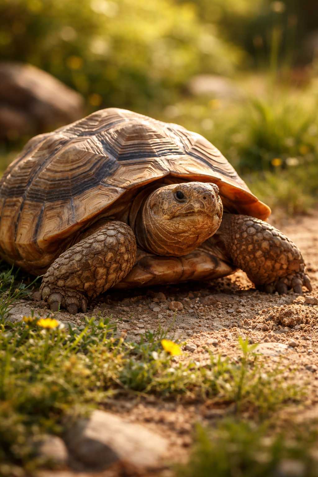 Nahaufnahme einer Landschildkröte, die über sandigen Boden in einem sonnigen Garten läuft