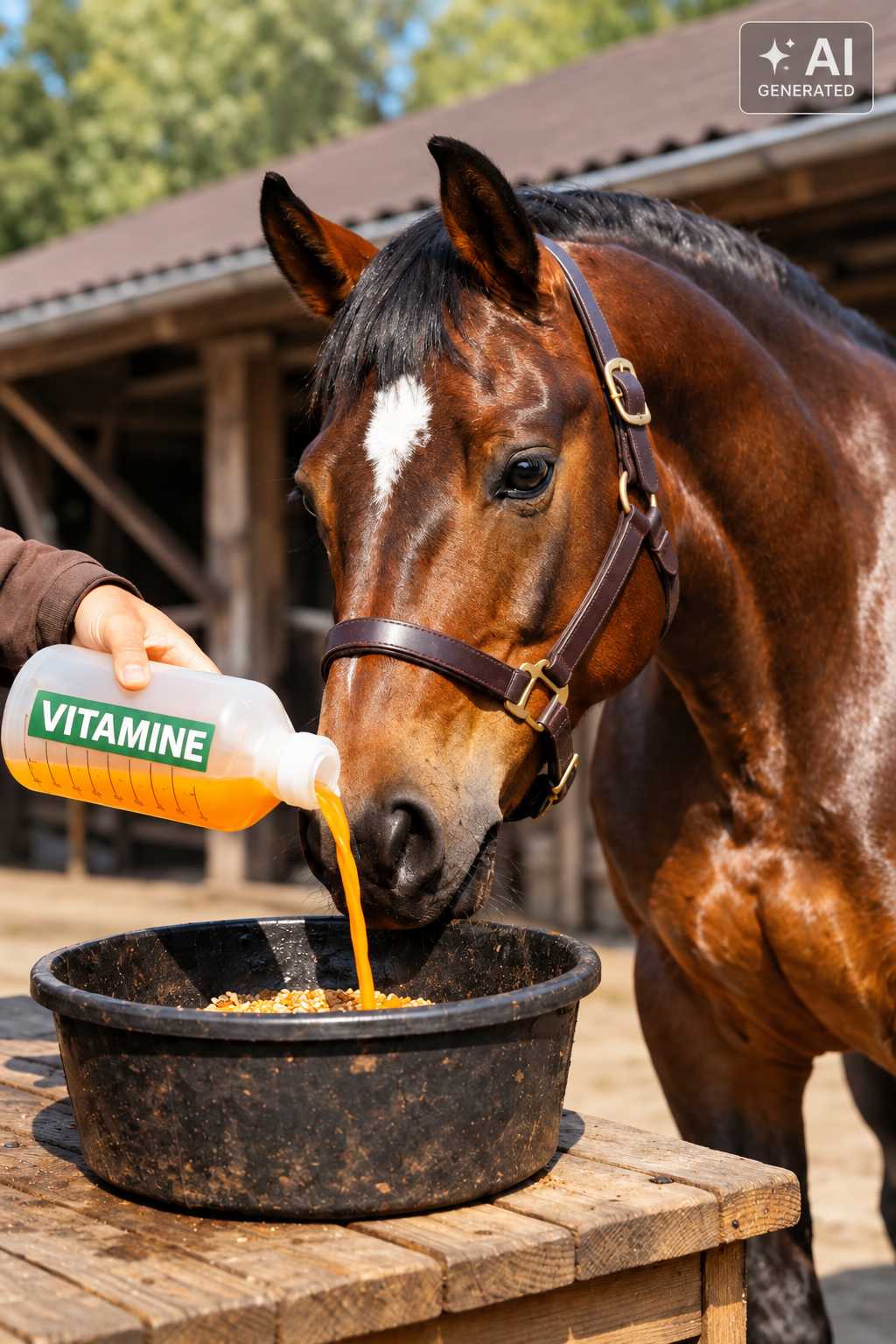 Braunes Pferd mit weißer Blesse steht neben einem Futtertrog. Eine Person gießt flüssiges Vitamin-Ergänzungsfutter aus einer Flasche über das Pferdefutter.