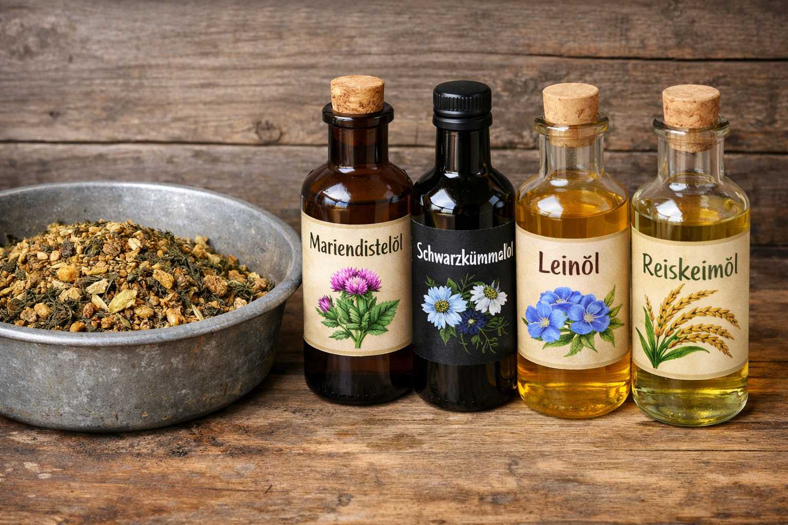 Verschiedene Pflanzenöle für Pferdefutter wie Leinöl, Schwarzkümmelöl, Mariendistelöl und Reiskeimöl neben einer Schüssel mit Kräuterfutter