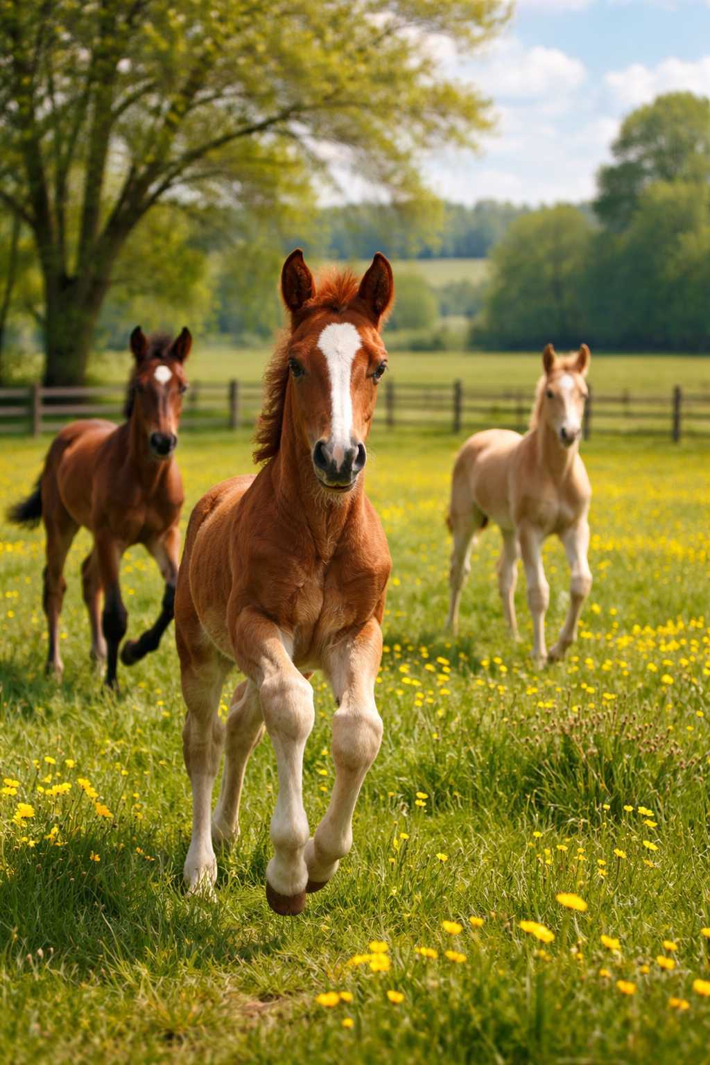 Drei junge Fohlen laufen neugierig über eine grüne Wiese mit gelben Blumen, ländliche Landschaft im Hintergrund
