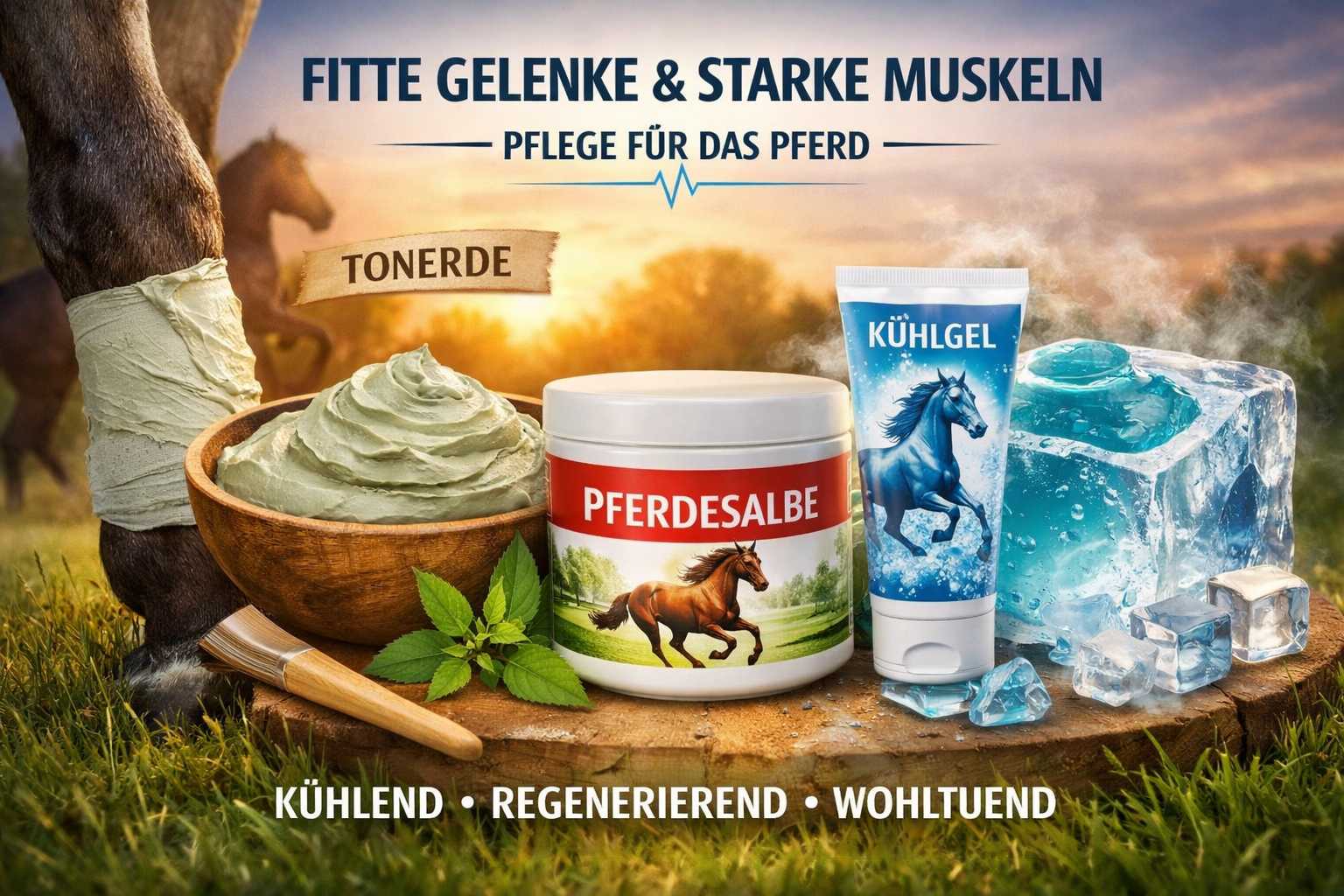 Tonerde, Pferdesalbe und Kühlgel zur Pflege von Pferdegelenken und Muskeln