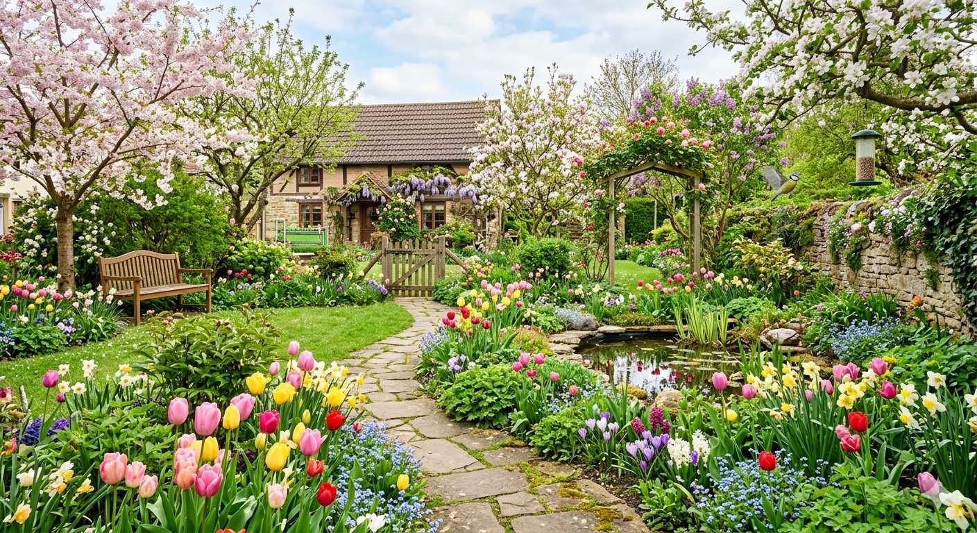 Liebevoll gestalteter Garten mit blühenden Obstbäumen, bunten Tulpen, kleinem Teich und Gartenhaus im Frühling