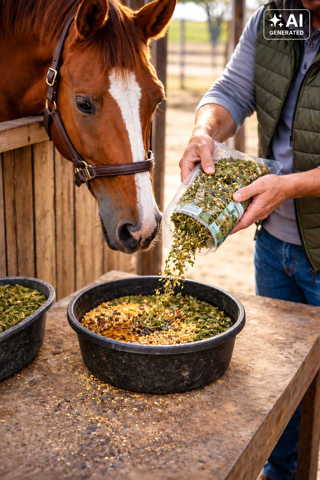 Braunes Pferd mit weißer Blesse steht neben einem Futtertrog. Eine Person schüttet getrocknete Kräuter aus einem Becher in die Futterschüssel.