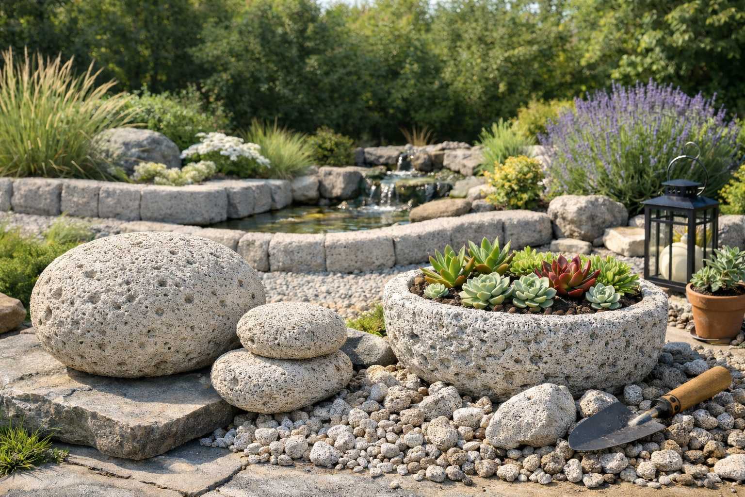 Steingarten mit Sukkulenten in Pflanzschale, Natursteinen und kleinem Wasserlauf