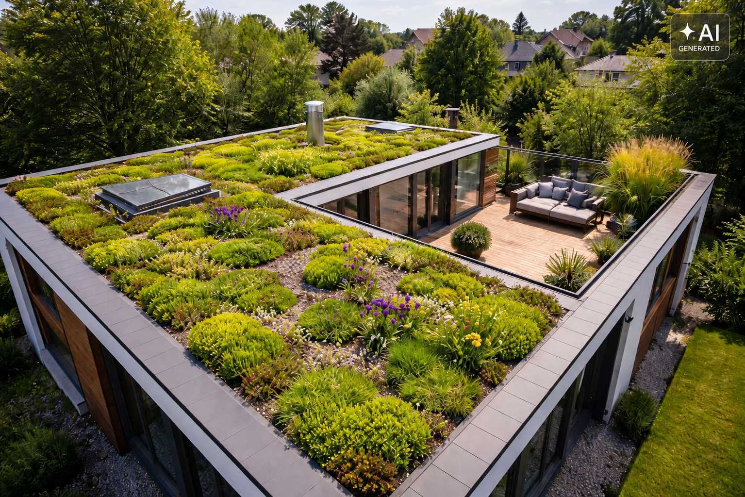 Begrüntes Flachdach mit Sedum, Stauden und integrierter Dachterrasse