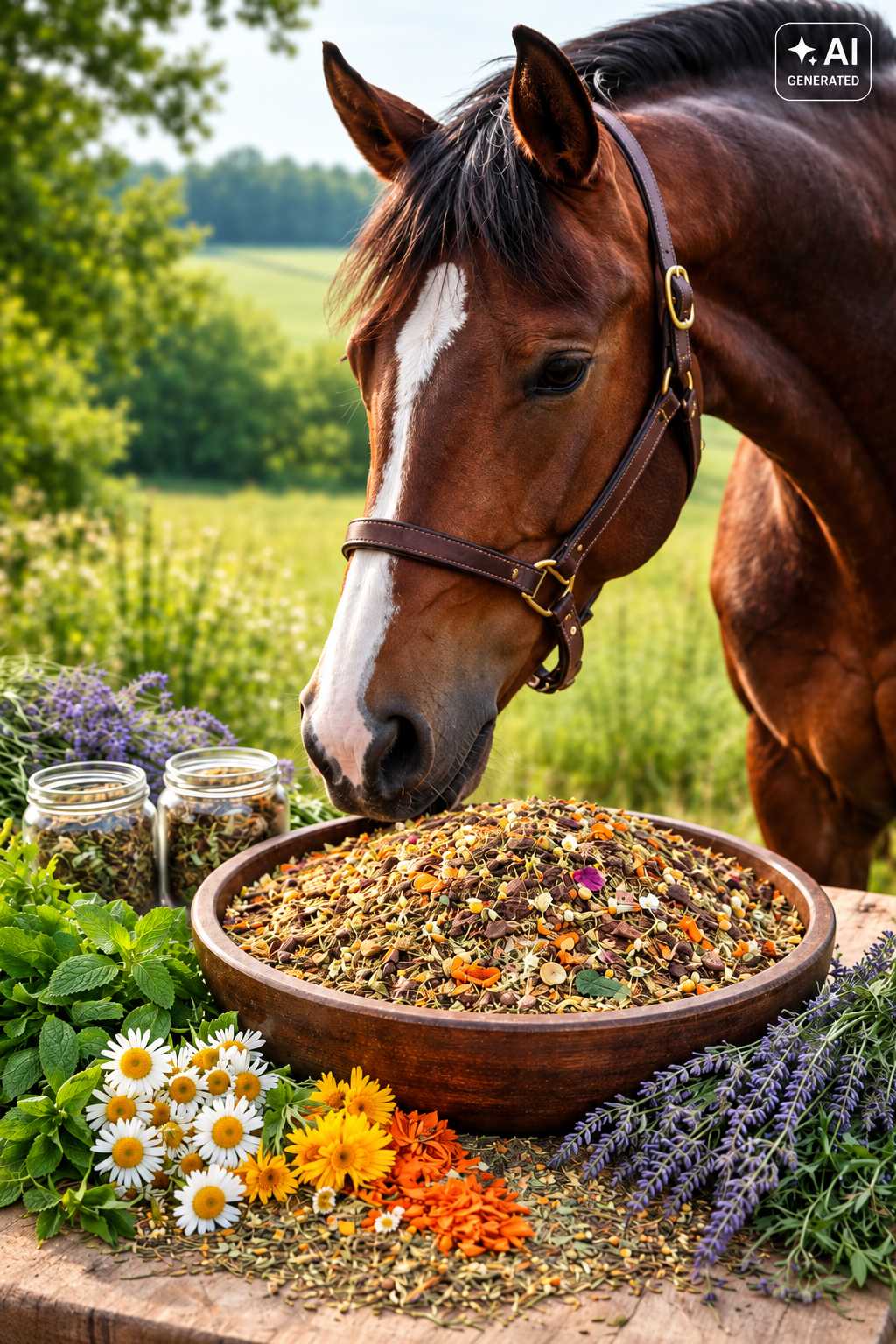 Braunes Pferd mit weißer Blesse schnuppert an einer Holzschale mit getrockneter Kräutermischung. Daneben liegen verschiedene Kräuter, Blüten und Gläser mit Kräutern.